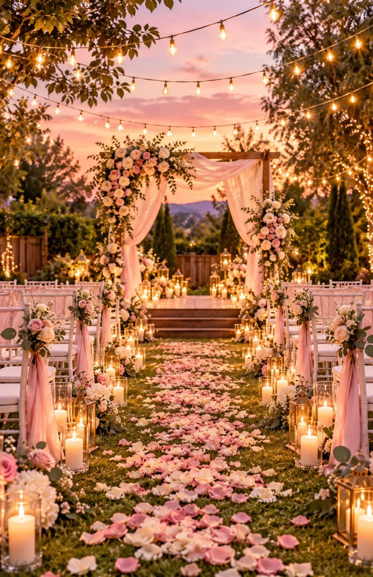 Backyard wedding ceremony with string lights at dusk