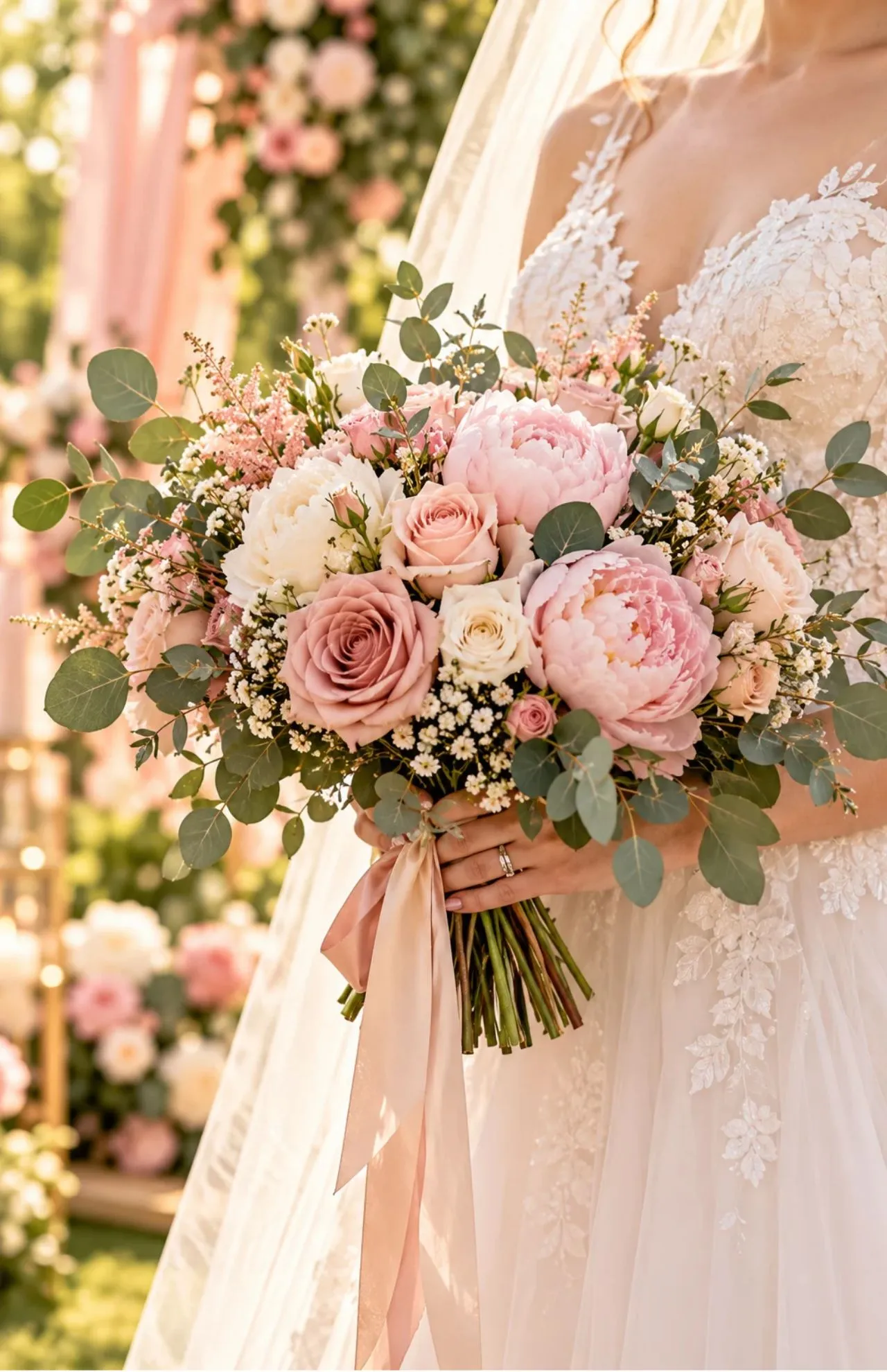 Bride holding a blush pink wedding bouquet