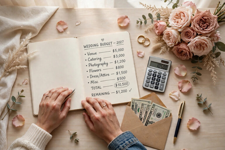 Couple planning a wedding budget in a notebook with roses and a calculator