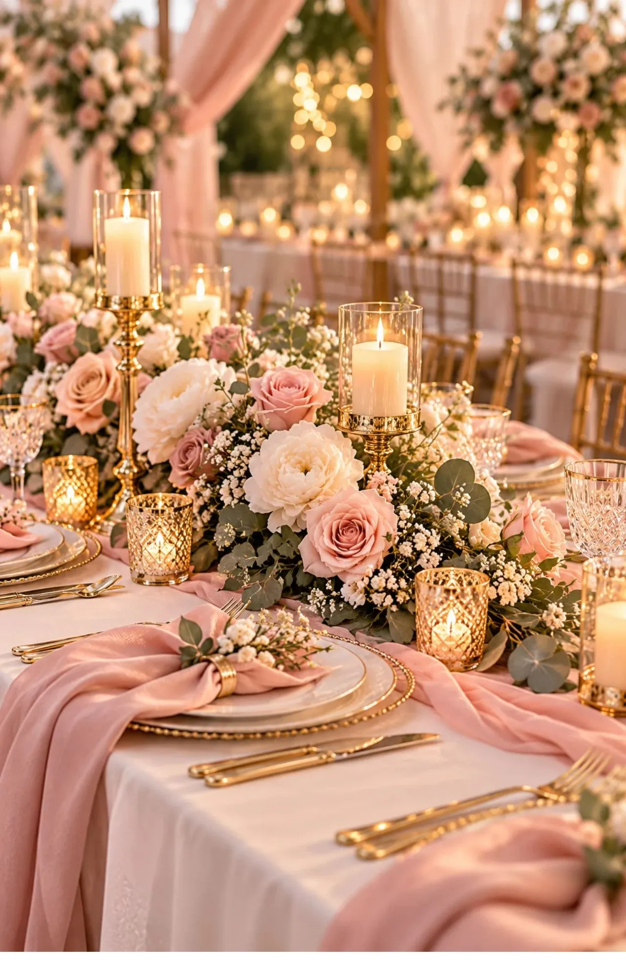 Elegant wedding table decor with blush roses and candles